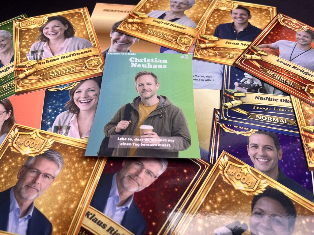 Ausgebreitete AbiKarten-Beispielkarten: goldene Selten-Karte, Normal- und Standardkarten