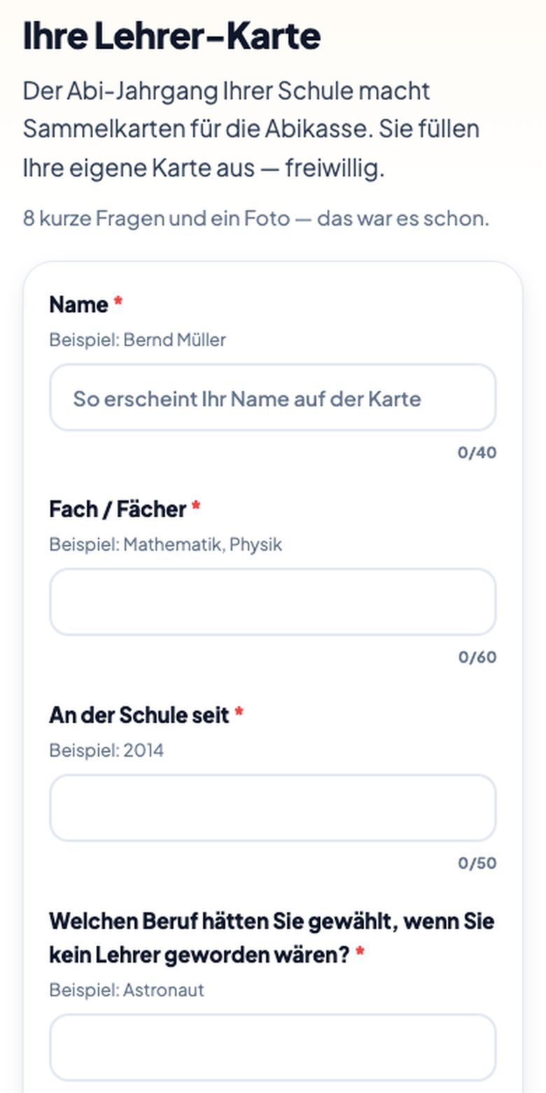 Ausschnitt des Formulars: Name, Fach, Spruch und Foto trägt jede Lehrkraft selbst ein